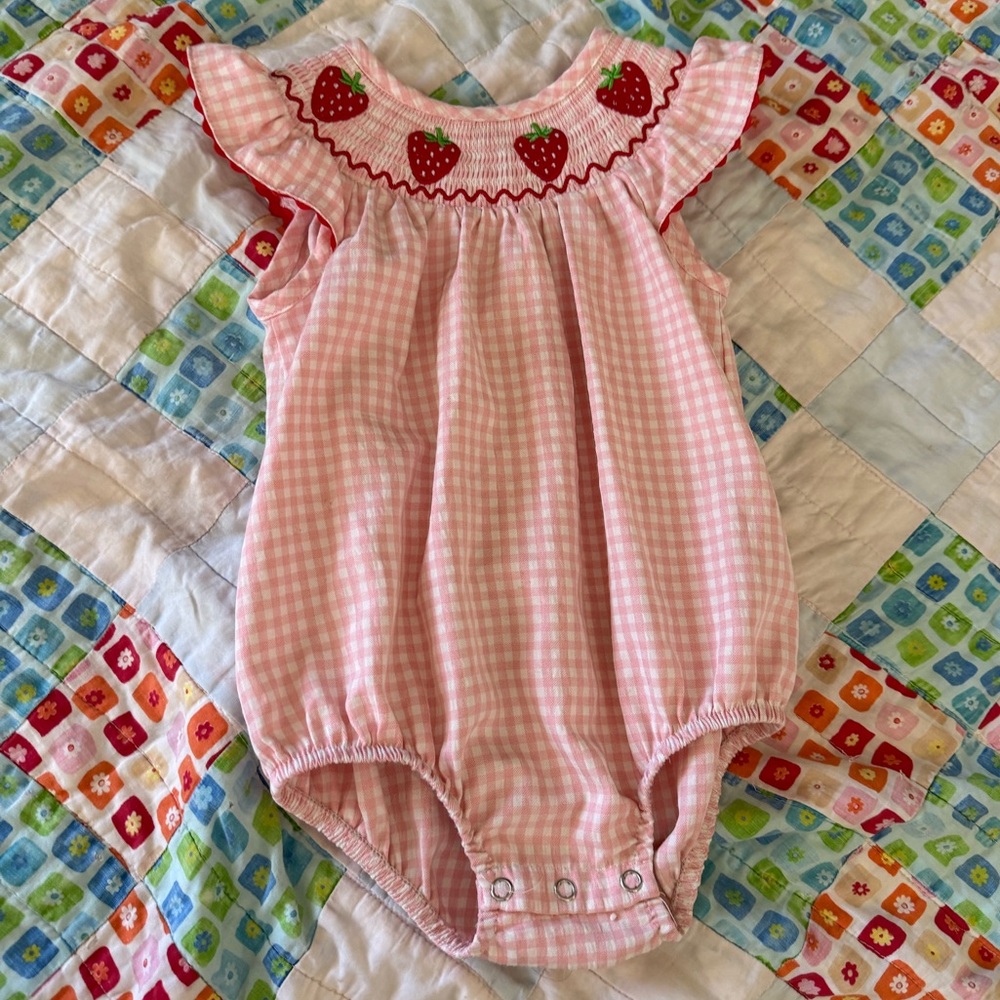 Pink Gingham Strawberry Bubble Romper